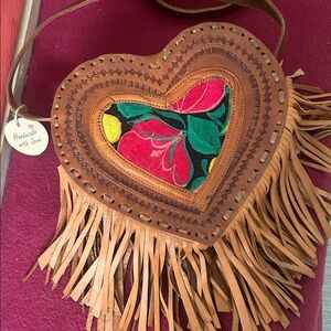 Mexican Handmade Heart-Shaped Fringe Bag - Brown and Multicolor